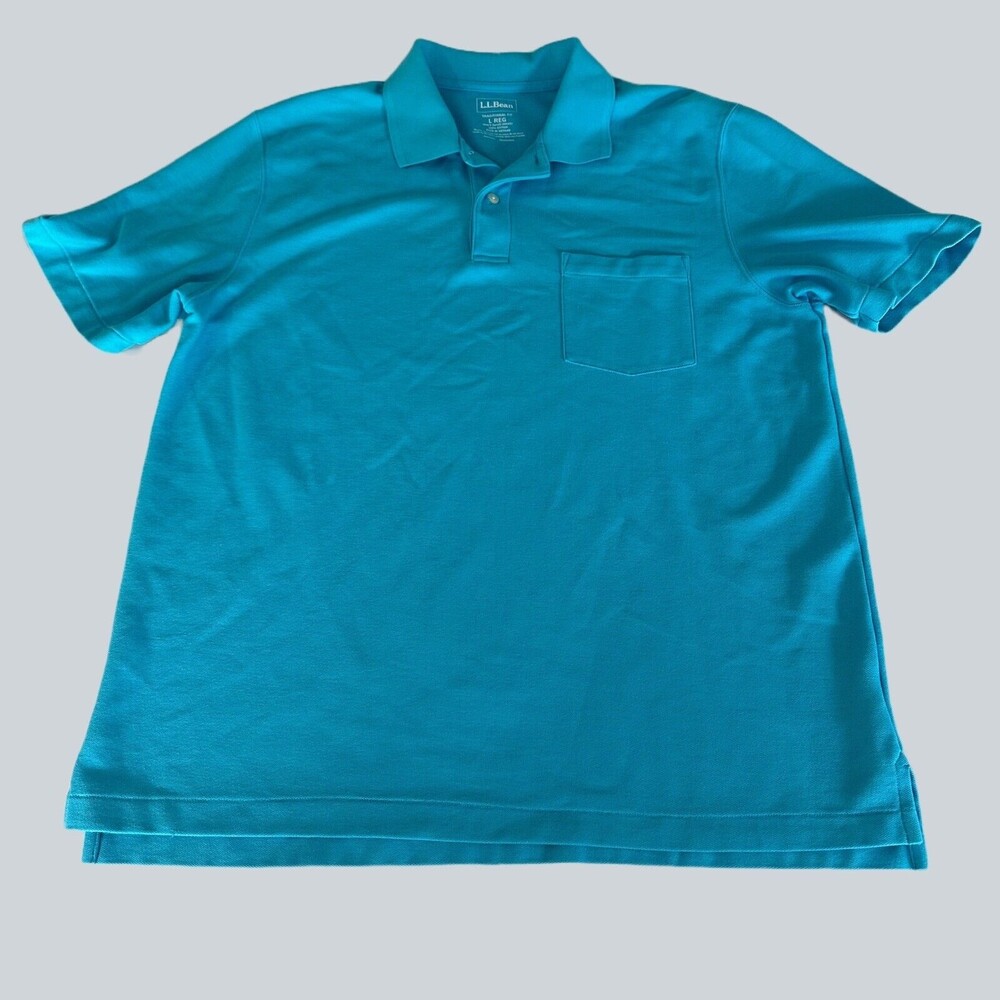 LL Bean Shirt Mens Size L Large Reg Aqua Blue Short Sleeve Polo Traditional Fit